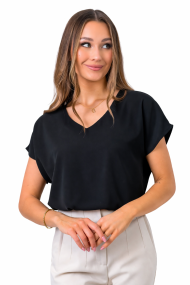 Bluzka Damska Elegancka V-neck Luźna Wizytowa Krótki Rękaw Premium - czarny